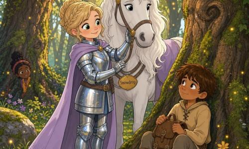 A brave, gentle female knight smiles determinedly in shining silver-blue armor and a flowing lavender cape with her visor raised to reveal a round, freckled face and large green eyes as she strokes the mane of a calm white horse named Snowdrop; a relieved, slightly sheepish ten-year-old squire named Leo with tousled brown hair and a simple beige tunic sits at the base of a large mossy oak, holding a small leather backpack. They stand in the Whispering Woods clearing—ancient trees with thick, mossy trunks, golden sunlight filtering through leaves, twinkling fireflies, mossy stones and a carpet of grass and colorful leaves—centered, tender and reassuring scene with warm colors, soft contrasts, clear lines and rounded shapes suitable for toddlers.
