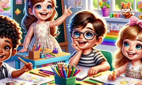 Em uma sala de aula iluminada e colorida, Lucas, um menino de 7 anos com cabelos castanhos e óculos, está sentado a uma mesa de madeira, sorrindo com entusiasmo. À sua direita, Sofia, uma menina de 6 anos com cabelos loiros e um vestido florido, levanta a mão para falar, seu rosto radiante de alegria. À esquerda de Lucas, Miguel, um menino de 7 anos com cabelos negros e óculos de sol na cabeça, está construindo uma torre de blocos coloridos, concentrado e divertido. Por fim, Ana, uma menina de 6 anos com cabelos castanhos e um lindo laço rosa, está sentada no chão, desenhando com lápis de cor, cercada por folhas de papel. A sala de aula é decorada com desenhos de crianças pendurados nas paredes, com janelas que deixam entrar a luz do sol e prateleiras cheias de livros coloridos. No fundo, um quadro negro está coberto de desenhos feitos com giz. A cena principal mostra as crianças se apresentando e compartilhando suas paixões, criando uma atmosfera alegre e amigável, cheia de risadas e empolgação por seu primeiro dia de escola juntos.
