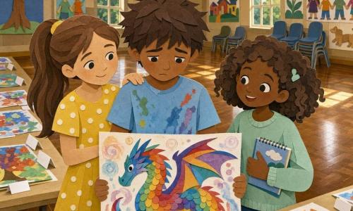 Há três personagens: Tomás, 9 anos, cabelo castanho despenteado, camiseta azul clara manchada de tinta, segura à frente um grande desenho de um dragão com escamas arco-íris; está ao centro, rosto levemente curvado e ombros relaxados, com ar desapontado; Sofia, 9 anos, cabelo castanho preso em rabo, vestido amarelo com bolinhas brancas, à esquerda de Tomás, sorrindo e com uma mão reconfortante no ombro dele; Leonor, 8 anos, cabelo castanho encaracolado, suéter verde menta, à direita de Tomás, segurando um caderninho de desenho e olhando o dragão com admiração e olhos brilhantes; local: grande sala da Câmara Municipal com mesas longas de madeira clara cobertas de desenhos coloridos e etiquetas brancas, piso de parquet brilhante, janelas altas em arco com um raio de sol quente, cartazes infantis colados nas paredes e cadeiras empilhadas ao fundo; situação: cena íntima e luminosa em que Tomás mostra seu dragão arco-íris vívido em aguarela, com grandes escamas multicoloridas, enquanto Sofia e Leonor o consolam e sorriem.