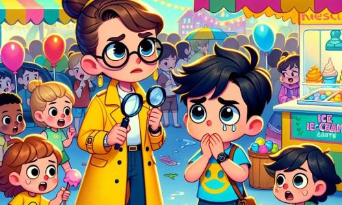A detetive Maria, uma mulher de cerca de trinta anos com cabelo castanho preso e óculos redondos, exibe uma expressão determinada. Ela usa um trench coat amarelo vivo e segura uma lupa na mão direita, observando atentamente uma pequena cena de festival. Ao seu lado, João, um garoto de 10 anos com cabelo negro bagunçado e uma camiseta azul, a observa com curiosidade, pronto para ajudá-la em sua investigação. Ele segura um caderno de anotações, registrando cada pista que encontram. Ao fundo, o festival é animado, com barracas coloridas de comida, balões flutuantes e crianças brincando em um castelo inflável. Luzes cintilantes decoram a cena, criando uma atmosfera alegre. A situação principal mostra Maria e João interrogando uma garotinha, Lúcia, que chora perto de uma barraca de sorvetes, enquanto um grupo de crianças os rodeia, curioso sobre o que está acontecendo. Eles buscam resolver o mistério do sorvete desaparecido, imersos em risos e cores vibrantes, ilustrando o espírito de aventura e camaradagem.