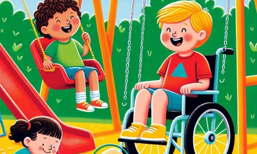 In a corner of the playground, Sam, an 8-year-old boy with curly brown hair, is laughing as he pushes Max on a swing. Max, a 7-year-old boy with blonde hair and a red t-shirt, clings to the swing's chain, his face lit up by a big smile. Lily, a 6-year-old girl with bright yellow shoes and long smooth hair, is sitting in the sand, building a sandcastle with Tom, a 9-year-old boy with round glasses and fair skin, who is in a wheelchair. Tom is joyfully smiling while holding a red bucket filled with sand, as Lily hands him buckets of sand to help build. The playground is filled with bright colors, featuring swings, a red slide, and a large golden sandbox. Green trees surround the area, and the sky is a bright blue with a few white clouds. The scene showcases friendship and tolerance as the children play together, sharing laughter and smiles, illustrating the beauty of inclusion and support.
