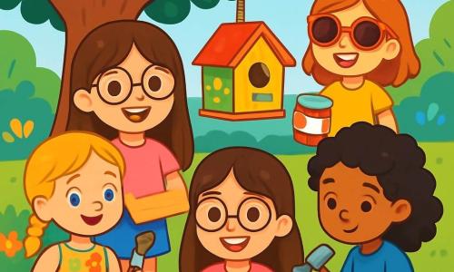 There are 4 children: Mia, an 8-year-old girl with long brown hair and round glasses, wearing a pink t-shirt and denim shorts, stands in the center holding a piece of wood with a big smile. Lily, a 7-year-old girl with braided blonde hair, dressed in a colorful flower dress, is to the left of Mia holding a paintbrush and palette, ready to paint the birdhouse. Zoe, an 8-year-old girl with curly black hair, wearing a blue t-shirt and green pants, is to the right of Mia, hammering nails and focused on her work. Ava, a 7-year-old girl with red hair and sunglasses, dressed in a yellow t-shirt and denim shorts, stands behind Mia holding a pot of paint and smiling joyfully. The scene takes place in a sunny garden filled with colorful flowers and lush trees, with a large oak tree providing shade and a freshly painted birdhouse hanging from a branch at its base. The main situation shows the four friends working together, laughing and encouraging each other while building and painting their birdhouse, symbolizing equality and cooperation.