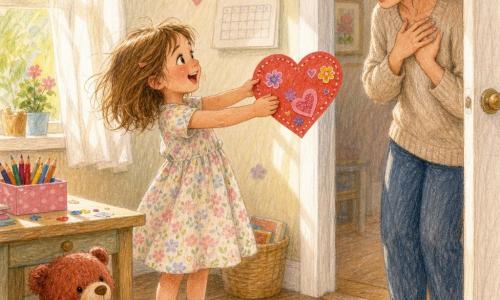A 6-year-old girl, excited and focused with messy light-brown hair, mismatched socks and a pastel floral dress, holds a large red paper heart she’s decorating with a pencil and stickers; a slightly flattened ginger teddy bear sits beside her on the floor; the surprised, smiling mother in her 30s stands in the doorway with hands to her chest, looking amazed; a sunny room with light wood floors, white curtains letting in golden rays, a small table with a box of multicolored crayons and scattered stickers, and a wall calendar with a drawn heart; the girl proudly offers her Mother’s Day craft in a tender, joyful moment with warm expressions, soft colors and visible crayon textures.