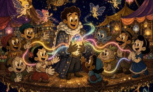 Alden, an adult man smiling with wonder, wears a dust-of-stars coat and a cloud-woven scarf and holds a large glowing crystal that emits multicolored light ribbons; a small mechanical owl with exposed gears and brass feathers hovers behind him, sparking protectively, while several glittering star-spirits with constellation wings dance above the market tents, casting colored halos and silver dust; the setting is a floating market on an island drifting through space—varnished wooden planks, shimmering fabric tents, hanging glass lanterns, luminous roots dangling into the starry void and small boats of light tied to them; Alden places the crystal at the market’s center, where it pulses warm waves that gently link the faces of merchants and creatures in a soft nocturnal scene with a deep starry sky, strong light contrasts and joyful gathered silhouettes.
