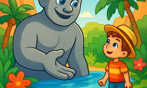 A benevolent giant named Gideon stands in the center of the oasis, with smooth gray skin like stone, deep ocean-like eyes, and a warm smile lighting up his face. He reaches out a massive hand to a young boy, Oliver, about 10 years old, wearing a straw hat and a colorful t-shirt, his eyes wide with wonder and curiosity. Oliver, standing on a small stone, looks at the giant with admiration, his face glowing with excitement. The oasis is a magical place surrounded by majestic cliffs, with lush green palm leaves and brightly colored flowers. The crystal-clear water sparkles under the sun, creating golden reflections on the sandy shore. The main scene shows Gideon and Oliver sharing a moment of discovery as the giant explains the importance of the oasis's magic, surrounded by the natural beauty around them.