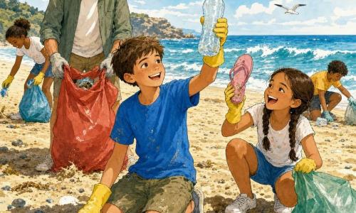 A joyful proud 10-year-old boy kneeling in the sand, short chestnut hair and freckles, wearing a blue T‑shirt, khaki shorts and yellow gloves, holding a glowing plastic bottle he just picked up; an about-68-year-old grandfather with a gentle smile, gray hair under a beige cap, stands slightly behind holding a large red trash bag to encourage him; a friend, a 10-year-old girl with two brown braids, crouches to the right laughing and showing a pink flip-flop she found; Sandy Shore beach: wide golden sand with small pebbles, gentle blue-and-white waves, white seagulls and scattered colorful plastic; scene: bright, active community beach cleanup with children and grandfather picking up litter, dynamic gestures, an atmosphere of help and joy, and a contrast between cleaned areas and remaining trash.