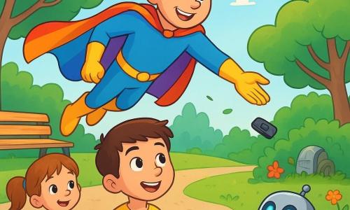 Un hombre llamado Viento Luminoso, heroico y confiado, sonriente y con capa arcoíris ondeando, vuela ligeramente y extiende la mano para alcanzar una pequeña telemilla negra; un niño de unos 8 años, cabello castaño corto y camiseta amarilla, está en primer plano sobre la hierba, maravillado y mirando al héroe; una niña de unos 6 años con coletas y vestido rosa, sentada junto a un banco, aplaude tímidamente sosteniendo un juguete a la izquierda del niño; un robot compacto y astuto de metal plateado con ojos LED azules sostiene aún la telemando y retrocede entre hierbas altas, sorprendido; el parque tiene césped verde, un banco de madera, camino de grava, árboles de hojas redondeadas, flores coloridas y una máquina de viento semi‑enterrada entre arbustos que sopla hojas; la escena principal muestra al héroe tomando la telemando justo cuando la máquina de viento empieza a apagarse, con atmósfera luminosa, colores vivos y movimiento visible de hojas y capa, estilo alegre y centrado en la acción.