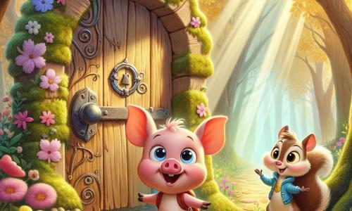 Um pequeno porquinho rosa, chamado Tobias, com grandes olhos curiosos e orelhas longas, está diante de uma porta de madeira antiga, coberta de musgo e flores coloridas. Ele expressa uma emoção de admiração, com a boca aberta em um sorriso alegre, pronto para explorar. Ao seu lado, um esquilo travesso chamado Filipe, com uma pequena jaqueta azul e um chapéu engraçado, sorri com entusiasmo, de braços cruzados, incentivando Tobias a entrar no mundo mágico. O cenário é uma floresta encantada, onde árvores de folhas douradas se erguem em direção ao céu, e flores cantam suavemente, criando uma atmosfera de conto de fadas. A luz do sol filtra através dos galhos, iluminando o caminho que leva à porta misteriosa. A cena principal mostra Tobias, o porquinho, hesitante mas determinado, pronto para empurrar a porta e descobrir as maravilhas que o aguardam do outro lado, enquanto Filipe o encoraja com um olhar cúmplice.