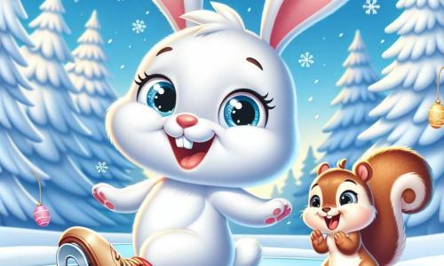 An illustration depicts a small rabbit with bright white fur, sparkling eyes, and long droopy ears, sliding on an ice rink with a wide smile, its hind legs moving enthusiastically. Nearby, a female squirrel with brown fur and a bushy tail is joyfully jumping, her eyes shining with excitement, clapping for her friend while laughing, her tiny paws raised in the air. The setting is a magical winter forest, with majestic trees covered in shimmering snow and snowflakes gently falling from the light blue sky. The ground is blanketed with thick snow, and the rink glistens under the winter sun. The main scene shows the little rabbit having fun on the ice, surrounded by friends, all laughing and playing together in a festive atmosphere, with snowflakes dancing around them, adding a touch of magic to the winter scene. Other graphic elements include colorful decorations hanging from tree branches, paw prints in the snow, and glimmers of light reflecting the joy of winter.