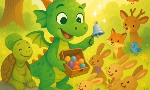 Un mic dragon jucăuș și voios pe nume Rafi, cu solzi verzi strălucitori și ochi mari curioși, ține o cutie deschisă cu ouă de ciocolată multicolore și agită o clopoțică de argint sclipitoare; lângă el, o țestoasă înțeleaptă, Tilda, cu carapace aspră, zâmbește de pe un bolovan, iar la dreapta mai mulți iepurași obraznici cu urechi lungi sar și iau câte un ou; în spate, un vulpoi, un cerb timid și păsări colorate îi privesc uimiți; scena e într-o poiană de primăvară însorită cu iarbă verde, flori galbene și violete, un stejar vechi și un pârâiaș în depărtare; momentul principal: împărțirea festivă a ouălor de Paște, clopoțica magică răspândind mici stele luminoase și fețe vesele, într-un stil simplu și blând potrivit pentru o carte pentru copii.