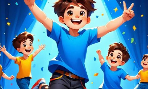 Un ragazzo di 8 anni, Marco, con capelli castani disordinati e un grande sorriso, è al centro dell'immagine. Indossa una maglietta blu brillante e pantaloni da danza neri, saltando gioiosamente sul palco, con le braccia alzate in segno di vittoria, esprimendo immensa gioia ed eccitazione. Accanto a lui, il suo migliore amico, Luca, anch'esso di 8 anni, ha capelli biondi e indossa un costume da danza scintillante. Danza con energia, un sorriso radioso sul volto, e sembra incoraggiare Marco, con le braccia aperte. La scena si svolge su un palco di competizione di danza, decorato con luci colorate e grandi tende rosse. Sullo sfondo, spettatori entusiasti applaudono, creando un'atmosfera festosa e gioiosa. La situazione principale mostra Marco e Luca in piena performance, danzando insieme con passione e vivacità, circondati da un'atmosfera vibrante e colorata, simboleggiando l'amicizia e il piacere di ballare.