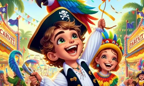 Een 9-jarig jongen, Max, staat in het midden van het podium, gekleed in een kleurrijk piratenkostuum met een groot wit shirt, een zwarte vest en een hoed met veren. Zijn gezicht straalt van een brede glimlach, zijn ogen glinsteren van opwinding terwijl hij een klein plastic zwaard in de ene hand en een grote carnavalsballon in de andere houdt. Naast hem staat zijn beste vriendin Nora, een 9-jarig meisje, verkleed als papegaai, met een levendig kostuum van kleurrijke veren en een masker in de vorm van een snavel. Ze danst vrolijk met haar armen omhoog naar de lucht, wat bijdraagt aan de feestelijke energie van het moment. De achtergrond is een levendig carnaval met kleurrijke spelstands, wapperende vlaggen en een grote fontein in het midden, omringd door het gelach van kinderen en opzwepende muziek. De scène toont Max en Nora, omringd door hun vrienden, die genieten van de grote carnavalsparade, waar versierde praalwagens voorbij komen, vol met confetti en glimlachen, wat een sfeer van vreugde en avontuur creëert.