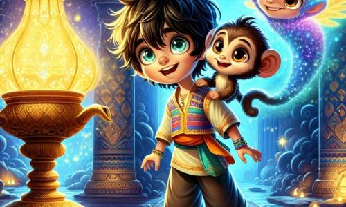 Aladino, un joven con cabello negro y despeinado, y ojos brillantes de curiosidad, se encuentra frente a una lámpara antigua, su rostro iluminado por un resplandor dorado. Lleva pantalones anchos y una túnica colorida, y su expresión es de asombro y emoción. A su lado, Abu, un pequeño mono travieso de pelaje marrón, trepa por su hombro, con ojos brillantes de entusiasmo. Al fondo, el Genio, una criatura majestuosa hecha de humo azul brillante, flota en el aire, con una sonrisa cálida y brazos abiertos, listo para conceder deseos. La escena tiene lugar en la Caverna de las Maravillas, un lugar mágico lleno de tesoros brillantes, piedras preciosas y paredes adornadas con motivos dorados. La luz suave y misteriosa de la caverna crea una atmósfera encantadora, mientras sombras bailan alrededor de los tesoros. Aladino, maravillado, frota la lámpara, y una magia deslumbrante escapa, iluminando la caverna con colores vivos y brillantes, simbolizando el comienzo de una aventura extraordinaria.