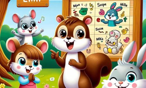Emil, ein kleiner, brauner Eichhörnchen mit neugierigen Augen, steht stolz in der Mitte der Szene und zeigt mit Gesten in der Gebärdensprache. Seine kleinen Pfoten sind erhoben, und sein Gesichtsausdruck ist fröhlich und voller Vertrauen. Links von ihm bewundert Mia, eine kleine graue Maus mit großen Ohren und einem rosa Kleid, Emil mit funkelnden Augen und applaudiert begeistert mit ihren kleinen Pfoten. Rechts springt Hoppel, ein junger weißer Hase mit großen Ohren, vor Freude und hält ein buntes Schild mit der Aufschrift 