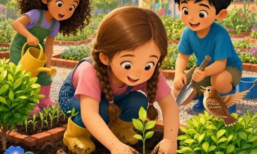 Una bambina di 6 anni, chiara con lentiggini e due trecce castano chiaro, sorridente e determinata, accovacciata a piantare un germoglio con mani sporche di terra; un bambino di circa 6 anni, Luca, capelli neri arruffati e volto gioioso, le porge una paletta di metallo dallìa destra; una bambina di circa 6 anni, Sara, pelle olivastra e capelli ricci, annaffia una fila di giovani piantine con un annaffiatoio giallo alla sinistra; un uccellino bruno con macchie bianche è posato su un giovane arbusto cantando; luogo: giardino scolastico trasformato con terreno scuro e ricco, vialetti di ghiaia chiara, aiuole bordate di mattoni rossi, fiori bassi multicolori e due arbusti verdi; situazione: i bambini piantano semi insieme sotto un sole gentile, attrezzi colorati, stivaletti e mani sporche di terra, atmosfera vivace e gioiosa, composizione centrata sulla bambina e sull'uccellino.