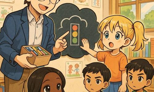 Un maestro sonriente y afable de cabello castaño despeinado y gafas redondas sostiene una caja grande de tizas de colores y señala una pizarra en forma de nube mientras explica suavemente una regla de compartir; Clara (7) con coletas rubias muestra un dibujo de un semáforo rojo y amarillo, Mateo (8) de cabello negro corto, concentrado, sujeta una cuerda para saltar desde el borde de la alfombra, y Sofía (6) de cabello castaño largo, sonriente, sostiene un pequeño libro azul; la clase es luminosa, con paredes cubiertas de dibujos infantiles, estantes de madera con libros coloridos, una alfombra roja circular en el centro y una ventana con árboles, ambiente cálido, colores vivos y luz suave.