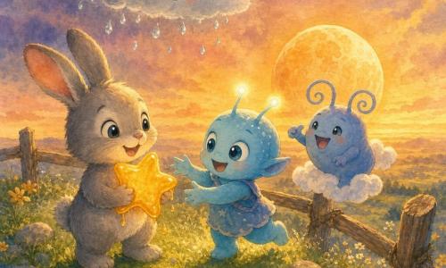 Luno, un conejito gris de pelaje suave y ojos brillantes sostiene contra el pecho una estrella pegajosa que brilla como miel; Tiki, un extraterrestre infantil de piel azul clara y antenas luminosas, ríe y extiende la mano; Pumo, otro Ziri de cuerpo redondo y antenas en espiral, salta flotando para atraparla; una pequeña nube gris con gotas plateadas sonríe en el fondo sobre el mirador: una colina herbosa con piedras lisas, flores amarillas que huelen a miel, una barandilla de madera y la luna naranja en el horizonte; ambiente de atardecer dorado, juego de atrapar la estrella entre flores y piedras, luz cálida, risas y atmósfera mágica y tierna.