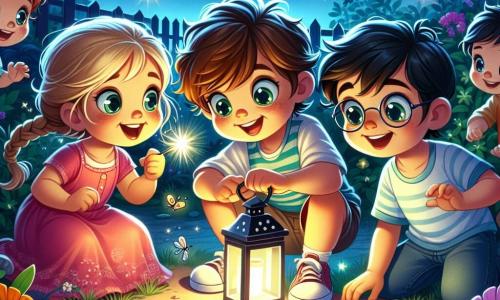 En un jardín nocturno, cuatro niños están reunidos bajo un cielo estrellado. Lucas, un niño de cinco años con cabello castaño desordenado y ojos brillantes, sostiene una pequeña linterna que ilumina su rostro curioso. Al lado de él, Marta, una niña de cinco años con trenzas rubias y un vestido rosa, sonríe mientras señala las estrellas. Sofía, otra niña de cinco años con cabello castaño rizado y una camiseta azul, observa una luciérnaga que vuela cerca de ella, fascinada. Finalmente, Diego, un niño de cinco años con gafas y cabello negro, se ríe mientras intenta atrapar una luciérnaga que se escapa. El jardín está lleno de flores coloridas que se dibujan bajo la luz de la linterna, y las sombras bailan a su alrededor, creando una atmósfera mágica. Los niños, en un ambiente alegre, superan su miedo a la oscuridad jugando juntos y descubriendo la belleza de la noche, transformando su aprensión en una aventura luminosa y amistosa.