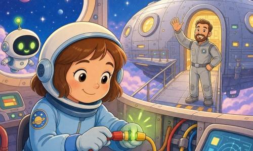 Eine Pilotin namens Lisa, lächelnd und gelassen, mit kurzem braunem Haar unter leichtem Helm, in einem hellblauen Raumanzug, verbindet im warmen, runden Cockpit sorgfältig ein rotes mit einem gelben Kabel und blickt auf einen kleinen Bildschirm; ein Mann (ca. 35) mit kurzem Bart in silberner Kleidung winkt lächelnd von außen durch ein ovales Fenster der großen silbernen Raumstation, ein kleiner runder weißer Roboter mit grünen Lichtern schwebt am Armaturenbrett; die Station hat runde Bullaugen mit gelbem Licht, Knöpfe und saubere Bildschirme, das Signal wird grün und ein leises Piep bestätigt den Erfolg, die Stimmung ist sanft, hell und pastellfarben.