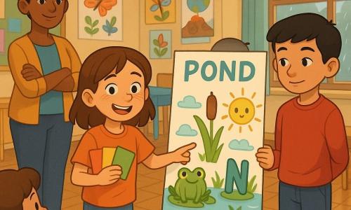 A 10-year-old girl with mid-length brown hair and light freckles, bright eyes, nervously proud, holds colorful flashcards and points to a large poster on the wall; a calm, focused 10-year-old boy (Leo) with short black hair stands to her right with hands behind his back, slightly protecting the poster’s edge; an adult teacher (Ms. Patel), brown-skinned woman in her 30s–40s with hair in a bun, watches from the background with a kind smile and crossed arms; the classroom is arranged like a mini-museum with tables pushed aside, colorful posters and paper garlands on the walls, a shiny wooden floor, and soft light through a rainy window; the girl is presenting a large poster about a pond ecosystem with keyword illustrations as little characters (letters dressed as frog, reed, sun), bright colors, clear outlines and white space for readability, while a small group of children and parents admire the presentation in the foreground.