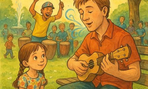 Volwassene Milo, zacht geconcentreerd gezicht, lichtbruin warrig haar, houdt een lichte houten ukulele tegen zijn borst en zingt zacht; meisje Lila, circa 8 jaar, twee vlechten, kleurrijke bloemenjurk, zit links op het gras en tikt met haar knieën; Rafa, leider van de batucada, gebruind, grappige pet met stickers, armen omhoog met twee stokjes, staat iets achteraan en dirigeert; meerdere percussionisten vormen een cirkel met ronde trommels en levendige bewegingen, enkele kinderen aan de rand; locatie: zonnig stadspark met groene weide en madeliefjes, grote eik rechts, fontein links, versleten houten bankjes en lichte grindpaden; scène: Milo zingt in een kleine batucada-parade — visueel contrast tussen zijn zang weergegeven als pastelkleurige inktwolken en de ritmische donkere inktstreken van de trommels, warme zonnetinten en koel blauwgroene schaduwtonen, zichtbare inktlijnen en licht korrelige papiertextuur.