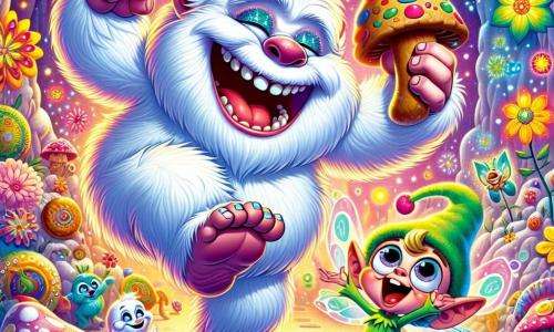 Un Yeti felice e peloso, con un pelo bianco e occhi scintillanti di malizia, danza su un tappeto di fiori multicolori, ridendo a crepapelle. I suoi grandi piedi lasciano impronte nella neve scintillante, mentre tiene un biscotto gigante in una mano. Accanto a lui, un piccolo folletto di nome Titti, con una pelle verde brillante e un cappello a punta, salta di gioia, i suoi occhi rotondi pieni di eccitazione. Titti brandisce un microfono a forma di fungo luminoso, pronto a far ridere tutti. La scena si svolge nella Grotta Sgambettina, un luogo magico con pareti ornate di stalattiti colorate e fiori danzanti, illuminate da luci scintillanti. Le risate risuonano nell'aria e bolle colorate fluttuano attorno a loro. Lo Yeti e Titti stanno preparando uno spettacolo esilarante per il Grande Concorso di Barzellette, circondati da risate e magia, mentre la grotta si trasforma in un luogo di festa splendente.