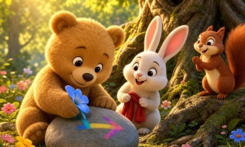 Little Bear, a small realistic teddy with soft caramel fur, shiny round eyes and a shy smile, concentrates happily as he rubs a smooth stone with a blue flower to draw an arrow; Rabbit, a fluffy white bunny with big pink ears, stands to his left smiling and holding a small red scarf, while Squirrel, a red squirrel with a cream belly and bushy tail, perches on a nearby root, excitedly clapping; beneath an ancient tree with gnarled roots, green grass dotted with pink, yellow and blue flowers and golden sunbeams filtering through leaves, the friends collaborate in a warm, cozy moment to paint a colorful arrow on a stone.