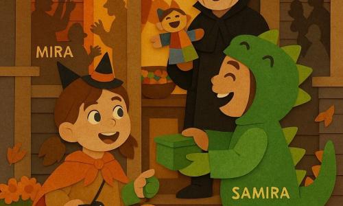 A smiling, wide-eyed 10-year-old girl, Mira, with brown pigtails wearing a small orange cape, a tiny witch hat and holding a flashlight and a pumpkin pendant; to her right, 10-year-old Samira in a bright green dinosaur costume with a fabric tail and bells laughs and offers a lime-green tin box; Mr. Chen, about 60, in a loose black vampire costume with a gray mustache, stands on the porch step holding a fabric puppet and smiling warmly at the children; the house porch is decorated with hanging orange paper lanterns, pumpkin-patterned curtains, pots of orange chrysanthemums and russet autumn leaves swirling on the wooden steps; a small puppet show is taking place on the porch with colorful puppets acting out kindness, costumed neighbors applaud in shadow, bowls of treats on a rustic table by the door, warm festive atmosphere with paper-cut contrasts, layered paper textures and soft shadows.