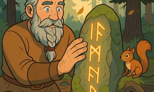 Adult man Eirik, weathered face and long braided gray beard, piercing blue eyes, serene and awed, rests his left hand on a moss-covered rune stone; a small mischievous red squirrel perches on a root to his right, tail bushy, watching curiously; a Nordic clearing carpeted with brown leaves and green lichen, surrounded by dark firs with golden sunlight filtering through and scattered ancient stones; Eirik gently awakens the imposing 1.5 m rune stone, its deep carvings glowing a warm amber, creating a peaceful, magical scene with leaves drifting in a light breeze.