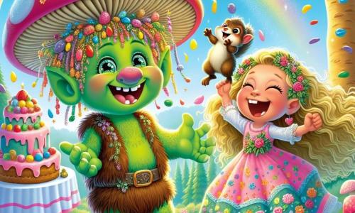 Een blije troll genaamd Timo, met stralend groene huid en grote sprankelende ogen, danst onder een grote en kleurrijke regen van bloemen. Hij draagt een paddenstoelvormige hoed en een brede glimlach die zijn vreugde toont. Naast hem staat een meisje van ongeveer 8 jaar met krullend, goudkleurig haar, die lacht terwijl ze een grote taart versierd met snoepjes vasthoudt. Ze draagt een roze jurk met bloemenpatronen. Een klein bruin eekhoorntje, Sammy, zit op haar schouder met een klein nootje in zijn pootjes en kijkt Timo bewonderend aan. De scène speelt zich af in een betoverende open plek, omringd door bomen met kleurrijke stammen en zingende bloemen, onder een stralende blauwe lucht met een grote regenboog die boven hen schittert. Timo organiseert een groot feest, omringd door zijn nieuwe vrienden, in een vrolijke feeststemming, met gelach en muziek die door de lucht zweven.