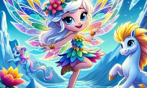 No topo de uma montanha gelada, uma pequena fada chamada Lumi, com asas cintilantes como cristais, dança alegremente ao redor de uma flor colorida que acaba de florescer. Ela tem um rosto sorridente, cabelos dourados flutuando ao vento e um vestido feito de pétalas multicoloridas. Ao seu lado, um dragão azul chamado Drago, com escamas brilhantes e olhos cheios de malícia, a observa com admiração, suas grandes asas abertas atrás dele. Um pouco mais longe, um majestoso unicórnio com crina dourada, chamado Unicorne, se destaca orgulhosamente, seu olhar suave e benevolente fixo em Lumi, pronto para incentivá-la. O cenário é encantador: a montanha está coberta de neve cintilante, e o céu é de um azul profundo, salpicado de nuvens leves. Cristais de gelo brilham ao sol, criando uma atmosfera mágica. A cena principal mostra Lumi celebrando a floração da flor mágica, cercada por seus amigos fantásticos, ilustrando a alegria e a magia da amizade e da bondade.