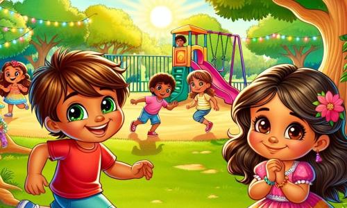 Em um parque ensolarado, um menino de 6 anos chamado Miguel, com cabelos castanhos e olhos brilhantes, sorri alegremente enquanto joga bola. Ele veste uma camiseta vermelha e um short azul, correndo com os braços abertos, pronto para pegar a bola. Ao seu lado, Lila, uma menina de 6 anos de origem indiana, com longos cabelos castanhos e pele caramelo, observa Miguel com um sorriso tímido. Ela usa um vestido colorido com padrões florais e segura um balão rosa nas mãos, um pouco hesitante, mas feliz por estar lá. O parque está cheio de verde, com árvores majestosas e flores coloridas que dançam ao vento. Ao fundo, há um escorregador e balanços onde outras crianças brincam, acrescentando uma atmosfera alegre à cena. A situação principal mostra Miguel e Lila brincando juntos, ilustrando sua amizade crescente e o compartilhamento de suas culturas, simbolizando a tolerância e a aceitação das diferenças.