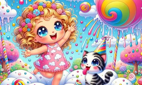 Uma menina de 2 anos, com grandes olhos brilhantes e cabelos cacheados dourados, salta de alegria em uma cama feita de nuvens fofas, espalhando gotas de chuva coloridas ao seu redor. Ela usa um vestido rosa com estampas de pequenas nuvens e um grande sorriso no rosto, expressando seu encantamento. Ao seu lado, um gato chamado Gato Miau, de aproximadamente 3 anos, com pelagem listrada preta e branca e um chapéu engraçado em forma de cone, está em pé em uma das nuvens, parecendo divertido, enquanto lambe um pedaço de bolo que flutua no ar. O cenário é um jardim encantado, repleto de flores multicoloridas e árvores com troncos em espiral, sob um céu azul salpicado de nuvens em forma de doces. Balões coloridos flutuam ao redor, adicionando um toque de magia à atmosfera. A cena principal mostra Ana, a menina, pedindo às nuvens que se transformem em árvores de sorvete, enquanto bolos e balões caem ao redor, criando uma atmosfera alegre e lúdica no Reino das Risadas.