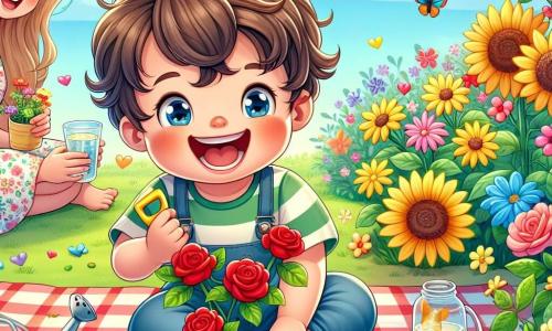 Um menino de 2 anos, Lucas, com cabelos castanhos bagunçados e olhos brilhantes de alegria, está sentado em um jardim ensolarado, cercado por flores coloridas que ele acabou de plantar. Ele sorri amplamente, segurando uma pequena pá de plástico, cheio de entusiasmo por sua nova atividade. Perto dele, sua mãe, uma mulher de cerca de trinta anos com cabelos longos e loiros, o observa com um sorriso carinhoso, sentada em uma toalha de piquenique, segurando um copo de limonada. O jardim está repleto de flores vibrantes, como rosas vermelhas, girassóis amarelos e margaridas brancas, sob um céu azul claro com algumas nuvens fofas. Borboletas coloridas voam ao redor das flores, acrescentando à magia do lugar. A cena principal mostra Lucas plantando sementes na terra, com uma expressão concentrada e alegre, enquanto sua mãe o encoraja, criando uma atmosfera calorosa e familiar, cheia de descobertas e risadas de verão.