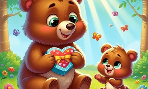 Un pequeño oso marrón llamado Toby, con un pelaje suave y ojos brillantes de alegría, sostiene una hermosa tarjeta de colores en forma de corazón, sonriendo. Está sentado en la hierba verde, rodeado de flores coloridas que bailan con el viento. Junto a él está su papá, un gran oso marrón llamado Bruno, con un pelaje más oscuro y ojos cariñosos, que mira a Toby con una sonrisa orgullosa y tierna, listo para recibir el regalo de su hijo. La escena tiene lugar en un claro soleado del bosque, donde los rayos del sol se filtran a través de las hojas de los árboles, creando sombras suaves en el suelo. Los pájaros cantan en las ramas y mariposas de colores vuelan alrededor, añadiendo un toque de magia al entorno. Toby, emocionado, presenta su regalo hecho a mano a su papá por el Día del Padre, con una expresión llena de amor y orgullo en su rostro.