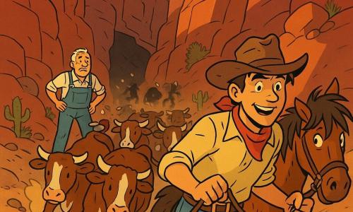 Josiah è un giovane uomo dalla pelle abbronzata con un cappello da cowboy consumato, sguardo determinato e sorriso nervoso, tiene le redini di un cavallo marrone guidando al galoppo un branco di mucche bianche e marroni attraverso una stretta gola rocciosa; Dusty è un cavallo robusto dalla criniera arruffata e fianchi impolverati che corre al suo fianco; Hank, un vecchio di circa 70 anni con capelli bianchi e salopette, sta all'ingresso del canyon con le mani sui fianchi, sollevato ma preoccupato; due ladri di mezza età con volti ombreggiati e cappelli neri sono sullo sfondo, uno brandisce un lazo abbandonato e l'altro corre facendo cadere sassi; il luogo è una gola stretta dalle pareti rosse striate, con polvere dorata, piccoli cactus, rocce angolari e un cielo arancione al tramonto, la scena è dinamica con polvere, tensione e una vittoria che emerge.