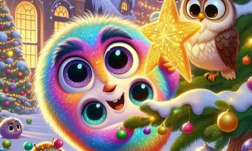 Kiki, een kleine magische wezentje in de vorm van een kleurrijke bal met stralende vacht in regenboogkleuren, straalt vreugde uit terwijl ze een grote fonkelende ster van sneeuw en kleurrijke versieringen decoreert. Haar grote sprankelende ogen en stralende glimlach tonen haar opwinding voor Kerstmis. Naast haar zit Olli, een oude wijze uil met bruin-witte veren en grote ronde ogen, die Kiki bewonderend observeert, zittend op een tak, klaar om te helpen. De scène speelt zich af in een charmant besneeuwd dorp, waar sneeuwvlokken zachtjes vallen, verlicht door fonkelende lichtjes aan de dennenbomen. De grote kerstboom in het midden van het plein is versierd met sprankelende lichten, wat een warme en feestelijke sfeer creëert. Kiki en Olli bereiden een kerstverrassing voor, omringd door hun dierenvrienden, terwijl de magie van het seizoen de lucht vult met vreugde en opwinding.