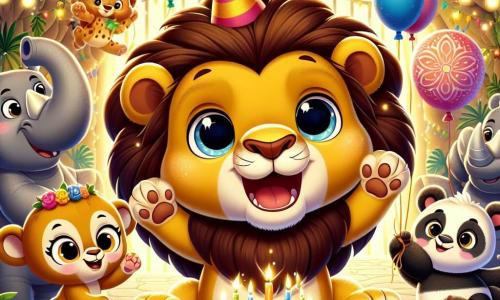 Al centro dell'immagine, Leo, un piccolo leone dagli occhi grandi e brillanti e dalla criniera dorata, sorride felice con le zampe sollevate, pronto a festeggiare il Capodanno. A destra, Giulia, una piccola scimmia dai peli marroni e dagli occhi maliziosi, salta di gioia con una ghirlanda di fiori in mano. A sinistra, Rocco, un rinoceronte robusto, sta gonfiando un enorme pallone colorato, mentre Pina, un panda, tiene un piatto di deliziosi dolcetti di bambù. Lo sfondo è una grotta accogliente decorata con ghirlande scintillanti e palloni colorati, creando un'atmosfera festosa. La scena mostra Leo e i suoi amici che preparano una grande festa per il Capodanno, ridendo e ballando insieme.