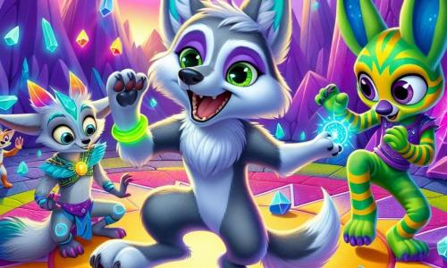Un pequeño lobo de ojos brillantes y pelaje plateado, lleno de emoción, baila alegremente en el centro de una gran plaza colorida, rodeado de cristales brillantes que reflejan los colores del cielo púrpura. A su derecha, un Zorblakiano de largas orejas puntiagudas y piel azul claro, con una cálida sonrisa, aplaude al ritmo, sus brazos flexibles formando formas divertidas en el aire. A su izquierda, otro Zorblakiano, con rayas verdes y amarillas, observa con asombro, los ojos abiertos de curiosidad, mientras sostiene una estrella brillante en sus manos. La escena transcurre en el planeta Zorblak, donde el cielo es de un púrpura brillante y las montañas circundantes centellean con colores vivos, creando una atmósfera mágica y acogedora. El pequeño lobo, como embajador de Lunalup, comparte su danza y sus historias con los Zorblakianos, uniendo sus culturas en una celebración alegre de la amistad intergaláctica.