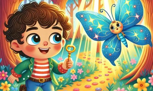 A 2-year-old boy named Max, with big curious eyes and curly hair, holds a golden key in his hand, his face beaming with wonder and joy. Next to him, a beautiful blue butterfly with shimmering wings flutters around him, seemingly inviting him on an adventure. The setting is an enchanted forest, with gigantic trees and vibrant green leaves, while colorful flowers dot the ground, creating a vivid tapestry. Sun rays filter through the branches, illuminating the scene with a soft and warm light. The main situation shows Max, amazed, ready to follow the butterfly into this magical forest, where three mysterious paths appear before him, each glowing in a different color: pink, green, and gold.