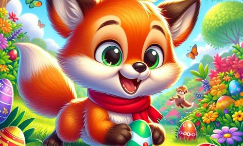 Un pequeño zorro llamado Rolo, con un pelaje naranja brillante y ojos chispeantes de alegría, está saltando en un jardín verde, buscando coloridos huevos de Pascua. Lleva una pequeña bufanda roja alrededor del cuello y muestra una gran sonrisa, llena de emoción. Su mamá, una zorra dulce con pelaje crema y ojos bondadosos, está cerca, sonriendo orgullosamente mientras mira a su hijo. Ella está sentada en la hierba, rodeada de flores coloridas, y aplaude a Rolo con entusiasmo. El jardín está lleno de flores brillantes, mariposas revoloteando y árboles con hojas verdes exuberantes. Huevos de Pascua de colores vivos, rojo, azul, verde y amarillo, están escondidos entre los arbustos y debajo de las flores. La escena principal muestra a Rolo, el zorro, en plena búsqueda de huevos, con un huevo rojo brillante en sus pequeñas patas, mientras su mamá lo anima con alegría, creando una atmósfera festiva y mágica de Pascua.