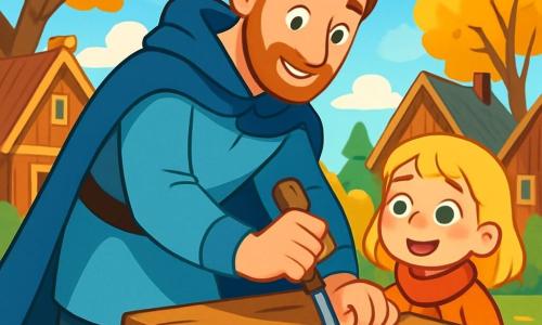 A man named Einar, in his thirties, wears a long blue cloak that flows like a calm sea. His face is gentle, with bright eyes and a warm smile, as he holds a woodworking tool, focused and determined to repair a bench. Beside him, a six-year-old girl with blonde hair, wearing a red scarf, watches in wonder, her eyes wide as marbles. The setting is a picturesque Nordic village, with wooden houses and sloped roofs, surrounded by tall trees with golden leaves under a bright blue sky. The old, worn wooden bench is at the center of the scene, with sunlight filtering through the branches. The main situation shows Einar fixing the bench while the little girl encourages him with a joyful smile, creating an atmosphere of camaraderie and magic.