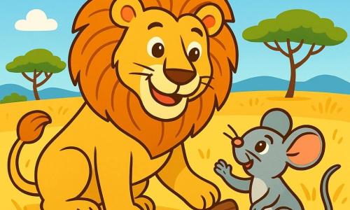 A majestic lion with a flamboyant golden mane stands proudly at the center of the scene, displaying a warm and kind smile. His bright eyes express kindness and determination. Beside him, a small gray mouse with sparkling eyes looks up at the lion with admiration, raising a paw to thank him. The setting is a sunny savanna, with golden grasses gently swaying in the breeze, vibrant green acacias, and a bright blue sky dotted with fluffy white clouds. The main situation shows the lion helping the little mouse, who was trapped under a fallen branch, illustrating a moment of compassion and friendship between two very different animals.