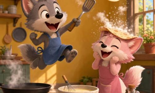 The main character is Wally, a cheerful mischievous little grey wolf with soft fur, big round ears and bright eyes, wearing a small blue apron, jumping and flipping a pancake with a spatula; secondary character Lila, his pale pink little sister, stands by the round wooden table smiling and surprised with a pancake on her head like a hat; a small black frying pan smokes on the low stove and white flour clouds dust the children; the warm colorful kitchen has yellow walls, simple patterned floor tiles, a bowl of batter and a bottle of glossy brown syrup on the table, soft light from a window; the scene shows a funny dynamic moment as the pancake flies through the air and lands on Lila’s head with flour dust and laughter on their faces.