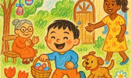 Um menino de 2 anos, rosto redondo, cabelo preto curto, olhos sorridentes, grande sorriso e bochechas rosadas, segura uma pequena cesta de vime com ovos pintados e corre suavemente sobre a relva; uma mulher de ~30 anos, cabelo castanho preso em rabo, vestido amarelo com flores, sorri e estende a mão perto da porta do jardim; uma avó de ~65 anos, cabelo grisalho preso em coque, óculos redondos, aplaude sentada num banco de madeira sob um macieira à esquerda; um pequeno cão castanho claro de orelhas caídas abana o rabo e segue o menino à direita da cesta. Jardim ensolarado com grama verde, flores multicoloridas (tulipas vermelhas, margaridas brancas), um macieira com alguns ovos pendurados em fitas e uma casa com venezianas azuis ao fundo. Cena central: caça aos ovos alegre, cores vivas, traços simples, texturas suaves e atmosfera luminosa e calorosa, composição centrada no menino e na cesta.