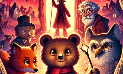 Un pequeño oso marrón llamado Bruno, con un pelaje brillante y ojos llenos de curiosidad, se encuentra en el centro de un claroscuro, sosteniendo una varita mágica brillante. Su expresión es decidida y valiente, listo para enfrentar el peligro. A su lado, una astuta zorra de ojos traviesos, llamada Lía, con un pelaje naranja brillante y una cola esponjosa, observa con una sonrisa confiada, lista para lanzar un hechizo. Un viejo búho sabio, Don Alarico, con gafas redondas y plumas grises, se posa en una rama, mostrando una expresión seria, mientras sostiene un antiguo libro de magia. El lugar es un paisaje surrealista, donde el cielo es de un rojo profundo y las sombras bailan a su alrededor, creando una atmósfera misteriosa y mágica. En el centro, un portal luminoso se abre, revelando un mundo de criaturas fantásticas y magia. La situación principal muestra a Bruno y sus amigos enfrentándose a un antiguo mago maligno, listos para defender su ciudad de las tinieblas que amenazan con engullirla.