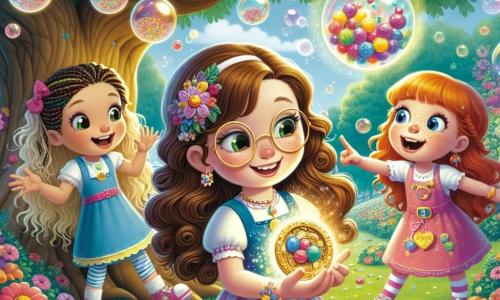 En el centro de la imagen, Ana, una niña de 8 años con largos cabellos castaños y gafas redondas, sonríe sosteniendo un artefacto brillante entre sus manos. A su izquierda, Lila, una niña de 7 años con trenzas rubias y un vestido colorido, ríe al ver burbujas multicolores flotando a su alrededor. A la derecha, Zoe, una niña de 8 años con cabello pelirrojo y pecas, señala una burbuja que parece tener una pequeña puerta. El escenario es un jardín encantado, lleno de flores brillantes y un gran árbol con manzanas mágicas que brillan como estrellas. El suelo está cubierto de hierba verde y suave, salpicada de pétalos de colores. En el fondo, burbujas de todos los colores flotan en el aire, creando una atmósfera alegre y mágica. La escena principal muestra a las tres amigas descubriendo el poder mágico del artefacto, rodeadas de burbujas que estallan con risas, mientras se preparan para una siesta bajo el árbol, sumergidas en un mundo de alegría y aventura.