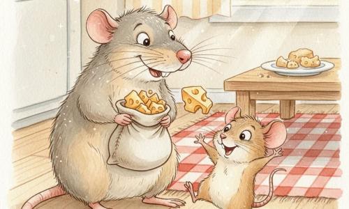 A cheerful, mischievous gray rat named Squeaky, whiskers twitching and holding a small canvas sack of golden cheese pieces, tosses a piece to a small excited brown mouse named Nibbles, who dances with raised front paws and a comic, exaggerated expression, in a warm kitchen corner with light wood floor, red-and-cream check rug, low wooden table with crumbs and soft sunlight through a window, creating a friendly, playful atmosphere.