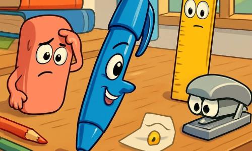 Karla, ein kleiner blauer Stift mit einem schelmischen Lächeln und funkelnden Augen, rollt entschlossen und neugierig über einen großen Holztisch. Sie sucht nach Hinweisen, um Emmas Notizbuch zu finden. Neben ihr sieht Rudi, ein großer Radiergummi in Form einer rosa Gummi, perplex aus und kratzt sich besorgt am Kopf, während er den Tisch beobachtet. Leni, ein langes gelbes Lineal, steht aufrecht und aufmerksam mit großen Augen auf ein kleines Papierstück fixiert, bereit, Ratschläge zu geben. Hugo, ein kleiner silberner Hefter, hockt konzentriert in einer Ecke des Tisches und untersucht ein kleines Stück Papier. Der Ort ist ein unordentliches Büro mit bunten gestapelten Büchern, verstreuten Stiften und einem offenen Fenster, das Sonnenlicht hereinlässt und die Szene erhellt. Die Hauptsituation zeigt Karla und ihre Freunde bei der Untersuchung, während sie den Tisch sorgfältig nach Hinweisen durchsuchen, um das Rätsel um das verschwundene Notizbuch zu lösen.