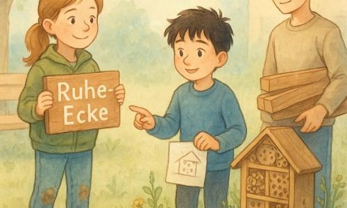 Ein 10-jähriges Mädchen mit hellbraunen Zöpfchen, rundem Gesicht und Sommersprossen lächelt stolz und hält ein kleines Holzschild Ruhe‑Ecke; sie trägt eine khakifarbene Jacke, Jeans und etwas schlammige Turnschuhe, selbstbewusste Haltung. Neben ihr steht ein etwa 10-jähriger Junge mit zerzaustem schwarzen Haar, schüchtern-fröhlich, er hält einen Papierplan und zeigt auf eine Ecke mit einem Insektenhotel; etwas älter ein etwa 12-jähriger Junge mit kurzen Haaren, der Holzlatten trägt und wachsam schützend beim Insektenhotel steht. Der Ort ist eine Schulhofecke als kleine Oase: quadratisches Beet mit grauen Steinkanten, rohholz-Insektenhotel, Wildpflanzen, heller Holzbank und ein handbemaltes Schild. Die Szene zeigt die stille Einweihung einer Ruhe‑Ecke mit versammelten Kindern, sanften Gesten, fürsorglicher Stimmung, pastelligen Lichttönen, raschelnden Blättern und dezenten Aquarell- und weißen Akzenten an Blättern und Schild.